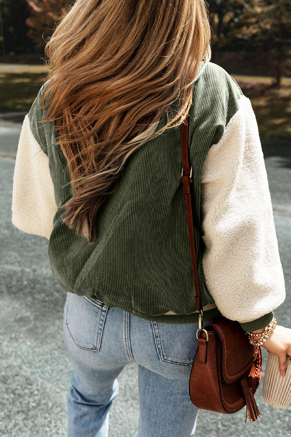 Mist Green Corduroy Fleece Patchwork Buttoned Bomber Jacket Jackets JT's Designer Fashion
