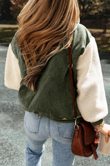 Mist Green Corduroy Fleece Patchwork Buttoned Bomber Jacket Jackets JT's Designer Fashion