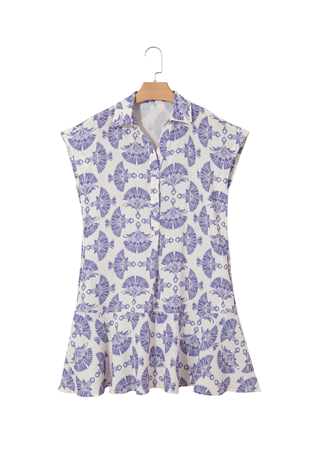 Sky Blue Printed Shirt Collar Half Button A-line Mini Dress Dresses JT's Designer Fashion