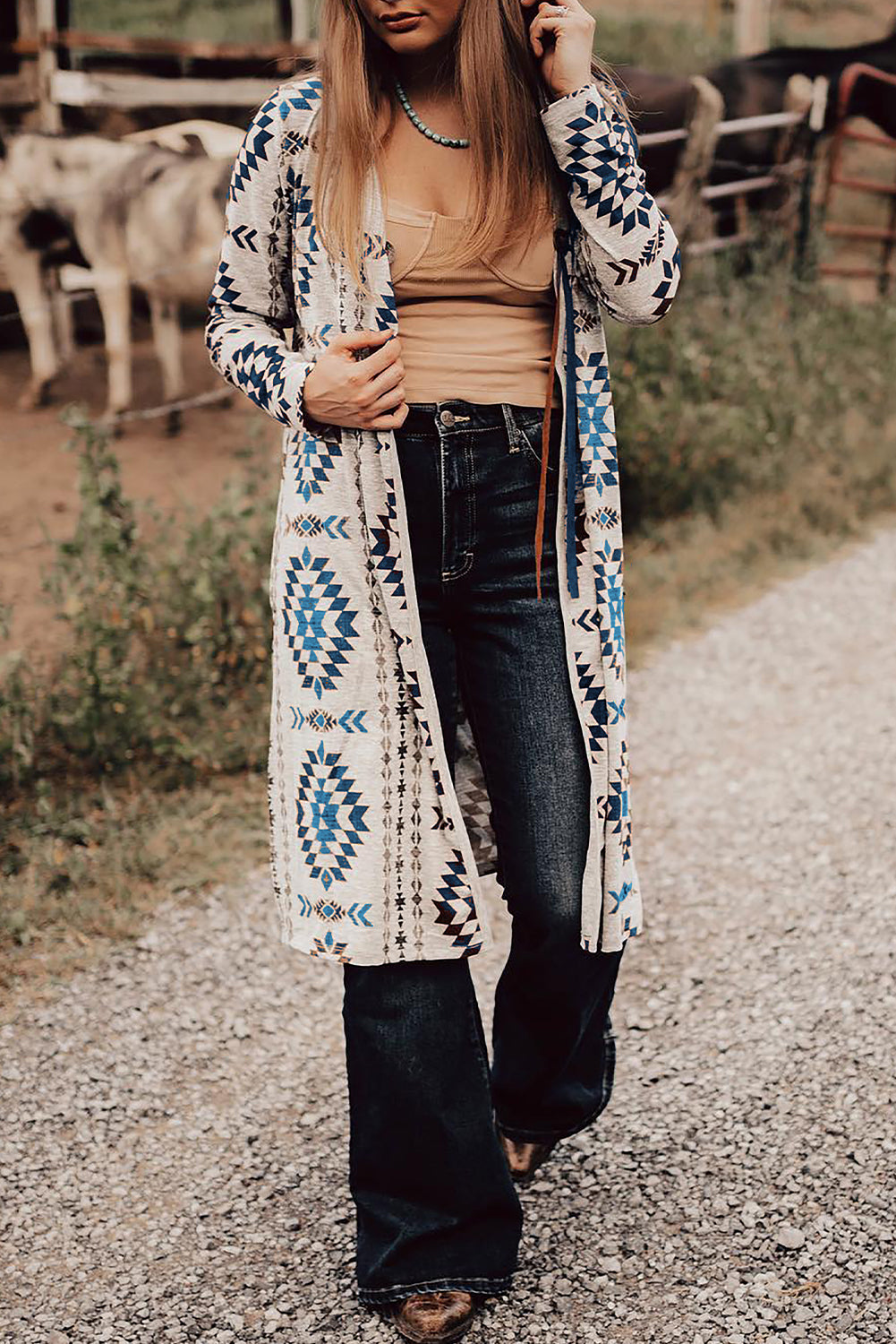 Sky Blue Western Aztec Printed Open Front Long Cardigan Sky Blue 95%Polyester+5%Elastane Cardigans JT's Designer Fashion