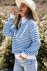 Sky Blue Stripe Zip up Collar Drop Shoulder Sweater Sweaters JT's Designer Fashion