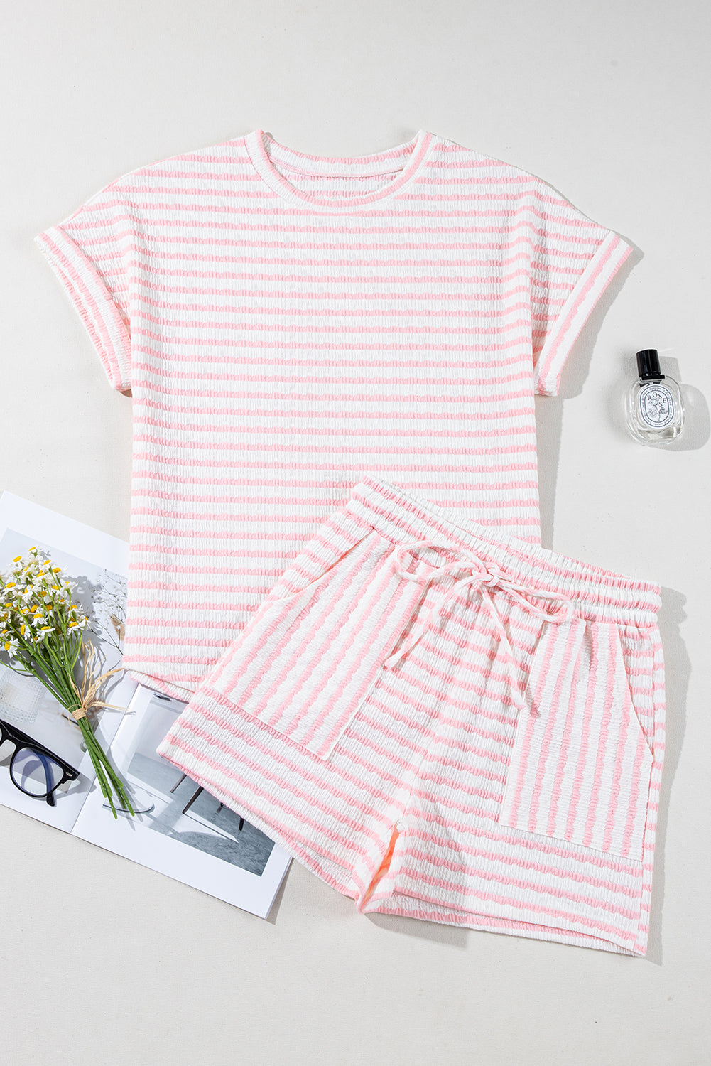 Pink Stripe Knitted Short Sleeve Top and Drawstring Shorts Set Short Sets JT's Designer Fashion
