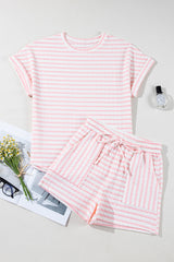 Pink Stripe Knitted Short Sleeve Top and Drawstring Shorts Set Short Sets JT's Designer Fashion