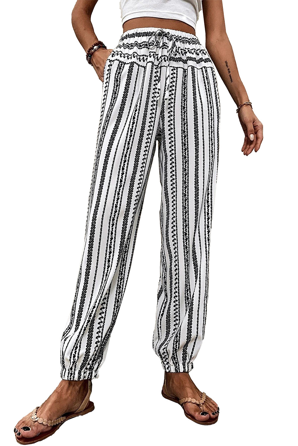 Black Stripe Boho Striped Print Casual Pants Pants & Culotte JT's Designer Fashion