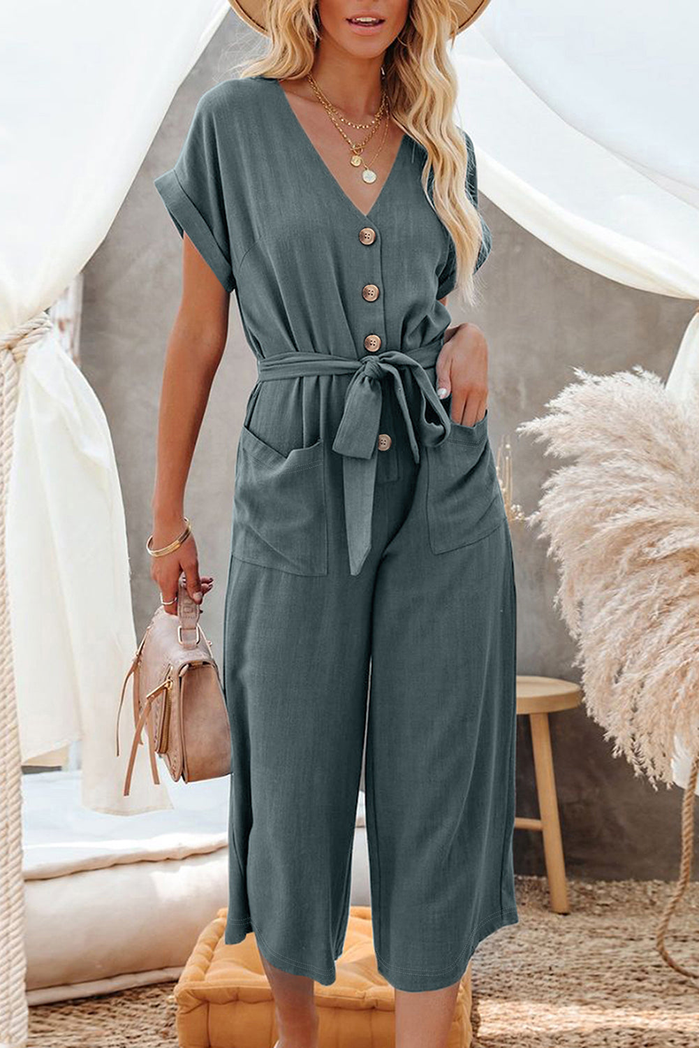 Blue Dolman Button Belted V Neck Wide Leg Pocketed Jumpsuit Jumpsuits & Rompers JT's Designer Fashion