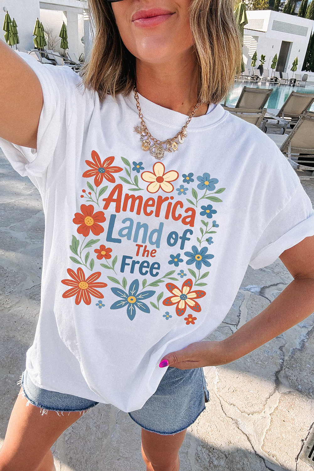 White America Land of The Free Flower Graphic Crewneck T Shirt Graphic Tees JT's Designer Fashion