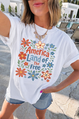 White America Land of The Free Flower Graphic Crewneck T Shirt Graphic Tees JT's Designer Fashion