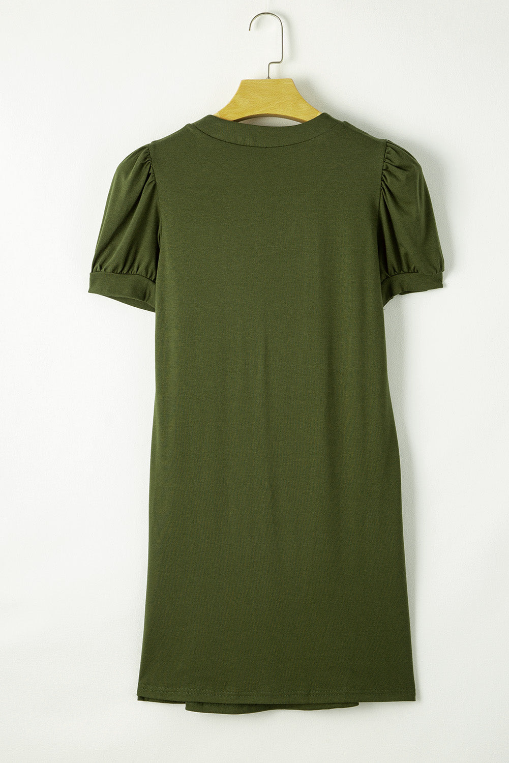 Fern Green Notched Neck Pleated Puff Sleeve Shift T-shirt Dress T Shirt Dresses JT's Designer Fashion