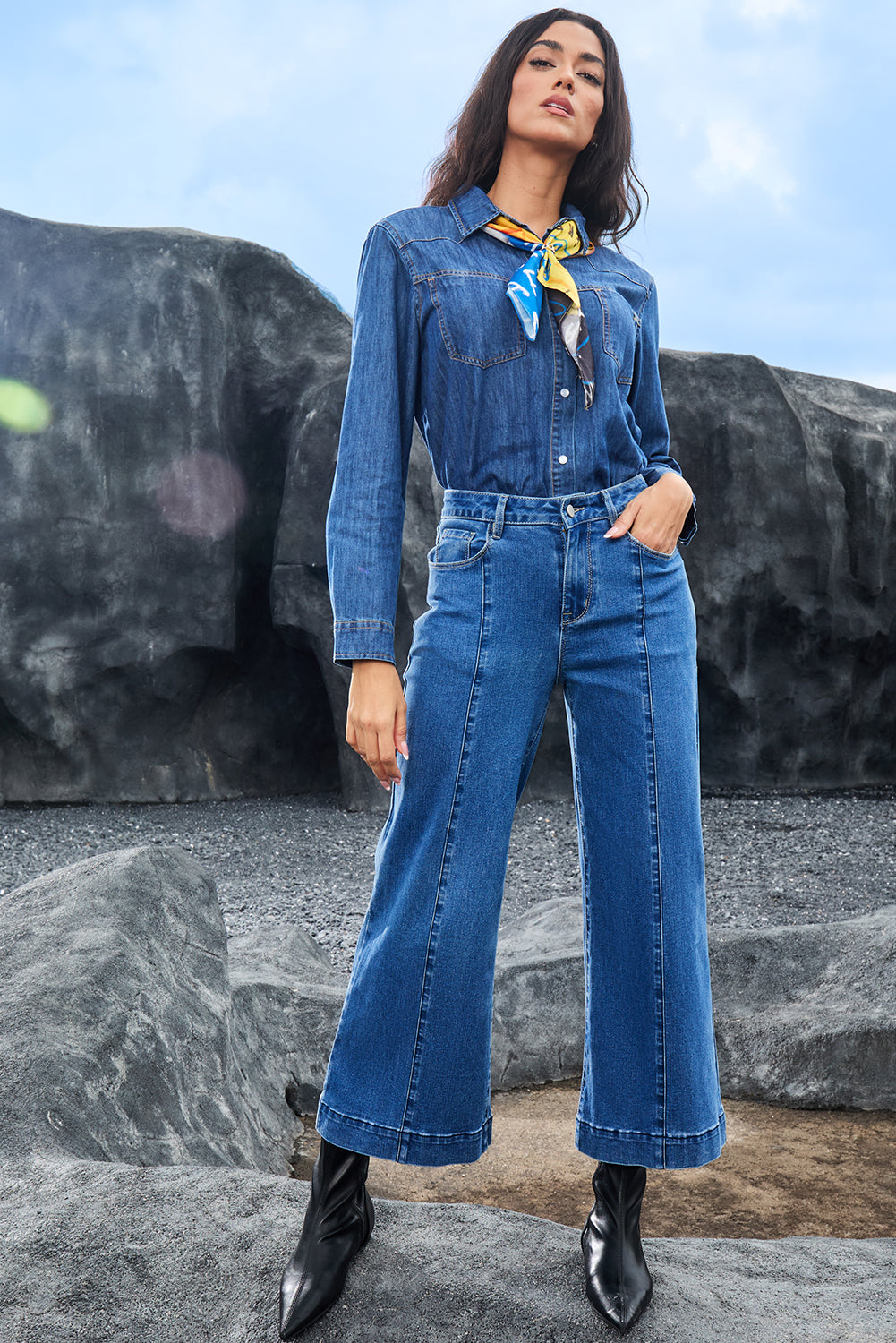 Dark Blue Plain Seam Detail Flared Bottom Ankle Length Jeans Jeans JT's Designer Fashion