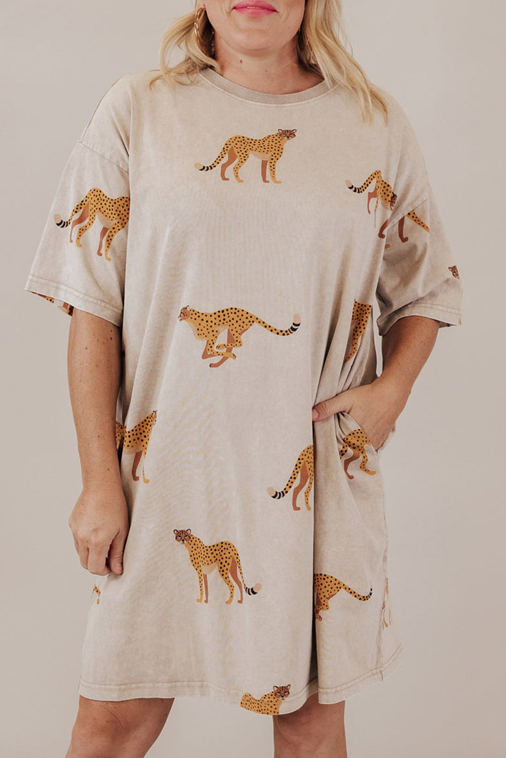 Apricot Plus Size Cheetah Print Side Pockets T Shirt Mini Dress Apricot 95%Polyester+5%Elastane Plus Size Mini Dresses JT's Designer Fashion