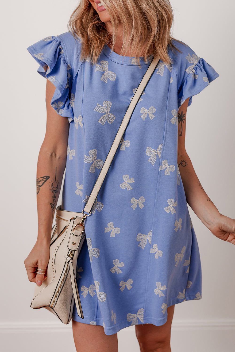Sky Blue Bow Knot Print Crewneck Ruffled Sleeve Shift Mini Dress Dresses JT's Designer Fashion