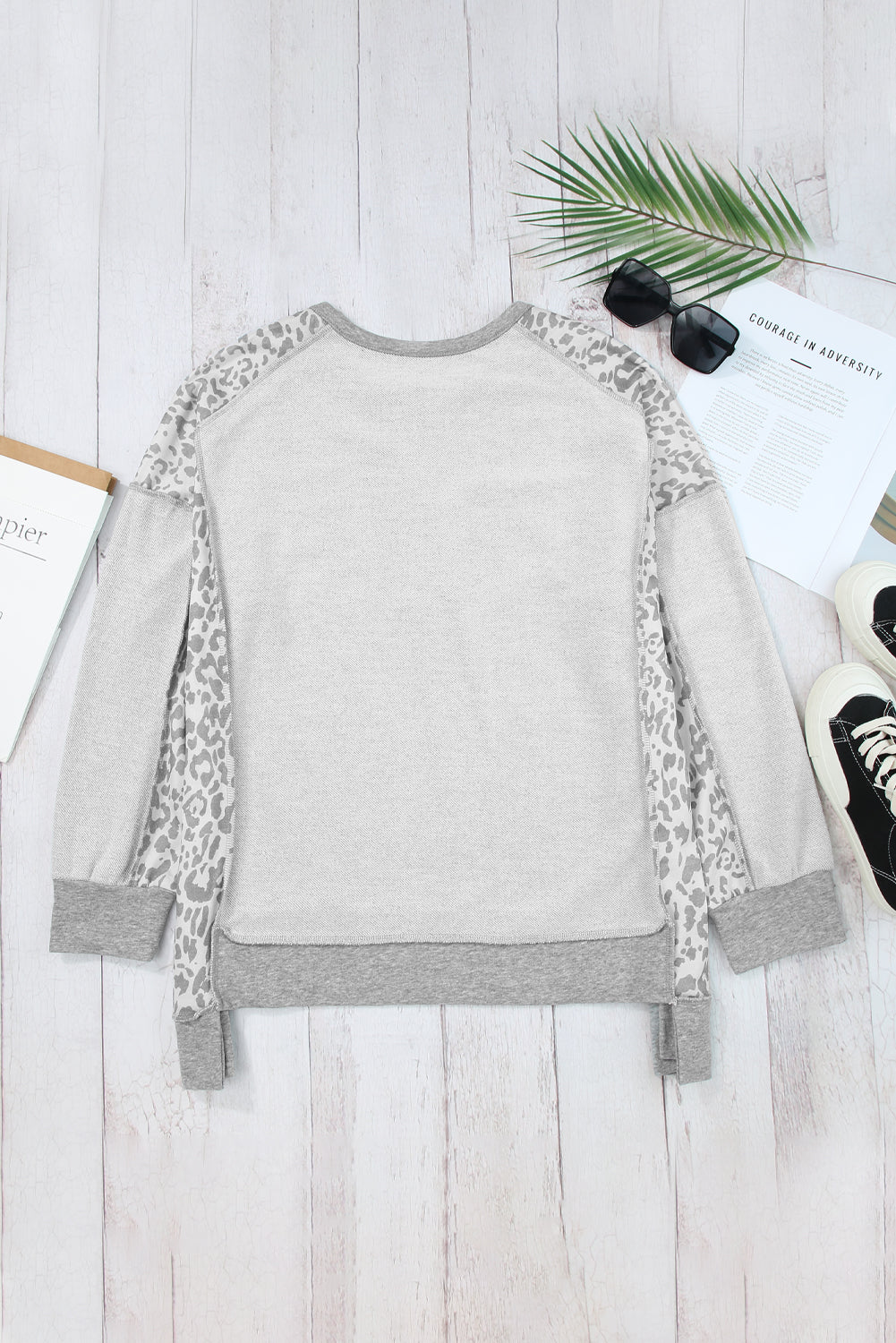 Gray Leopard Patchwork Exposed Seam Buttoned Neck Sweatshirt Sweatshirts & Hoodies JT's Designer Fashion
