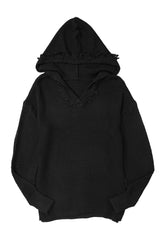 Black V Neck Ribbed Drop Shoulder Hooded Sweater Sweaters & Cardigans JT's Designer Fashion