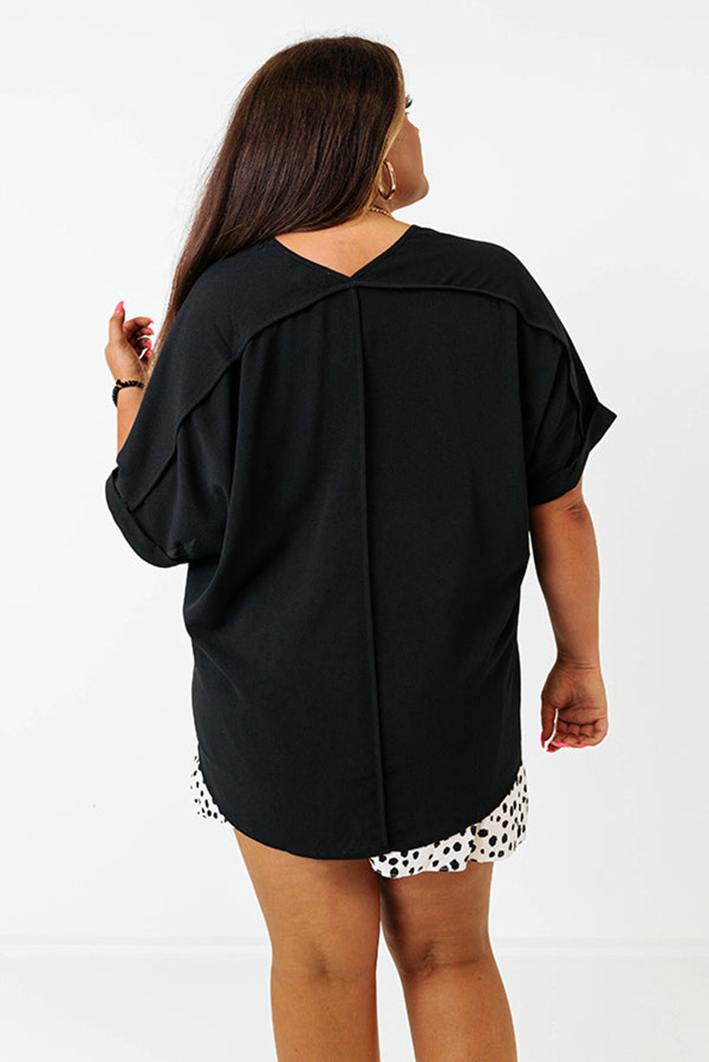 Black Seamed Back High Low Hem V Neck Cuffed Sleeve Plus Size Tee Plus Size Tops & Tees JT's Designer Fashion