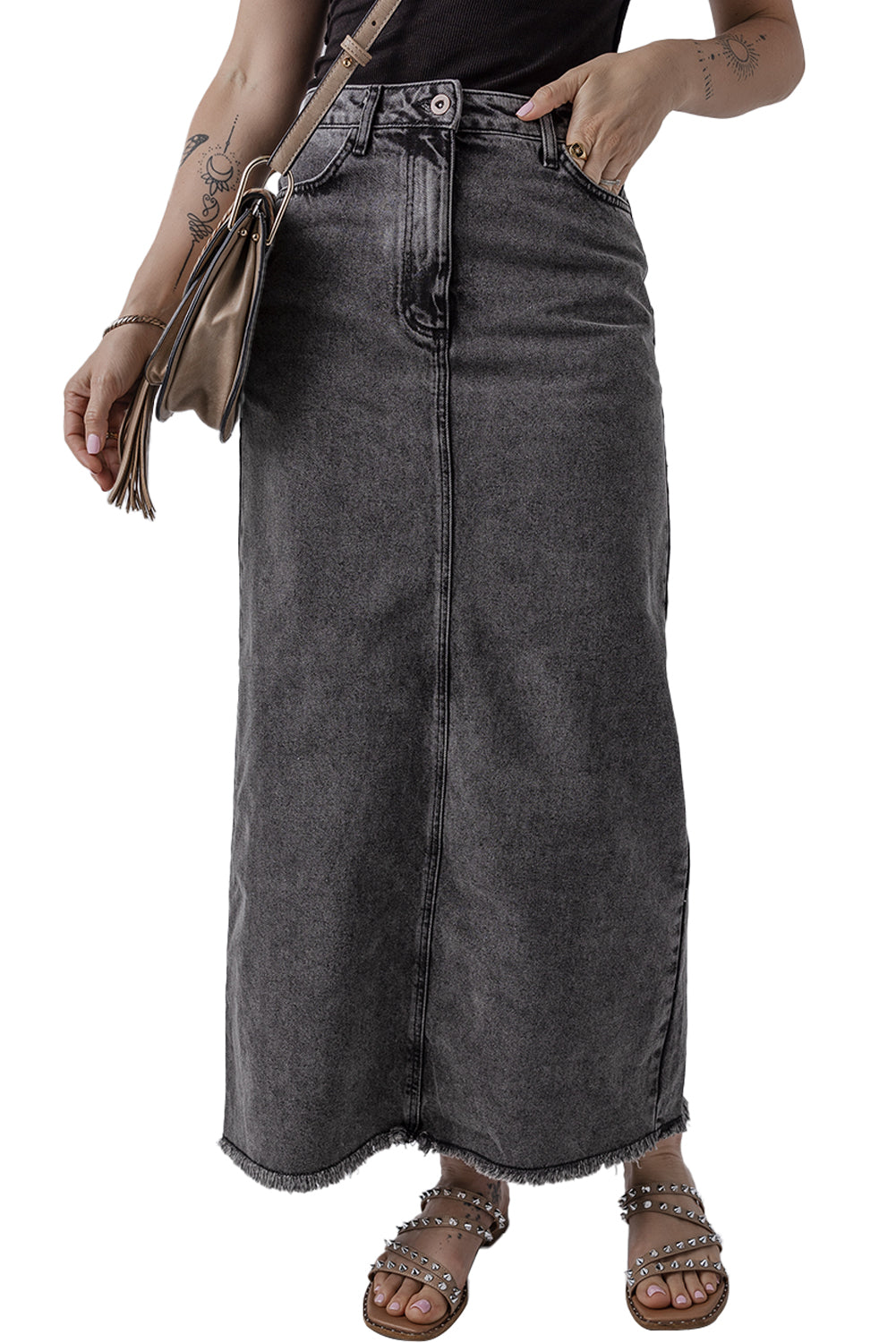 Dark Grey Denim Raw Hem Back Split High Waist Long Skirt Skirts & Petticoat JT's Designer Fashion