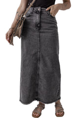 Dark Grey Denim Raw Hem Back Split High Waist Long Skirt Skirts & Petticoat JT's Designer Fashion