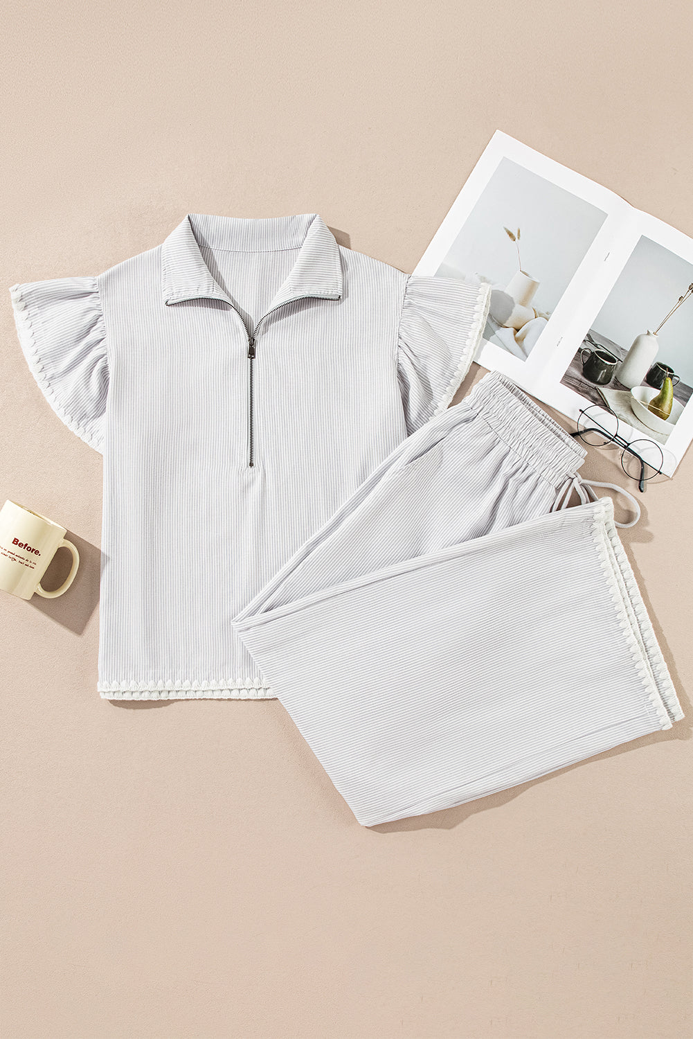 Gray Stripe Zipped up Collar Ruffled Sleeve Tee and Wide Leg Pants 2pcs Outfit Pant Sets JT's Designer Fashion
