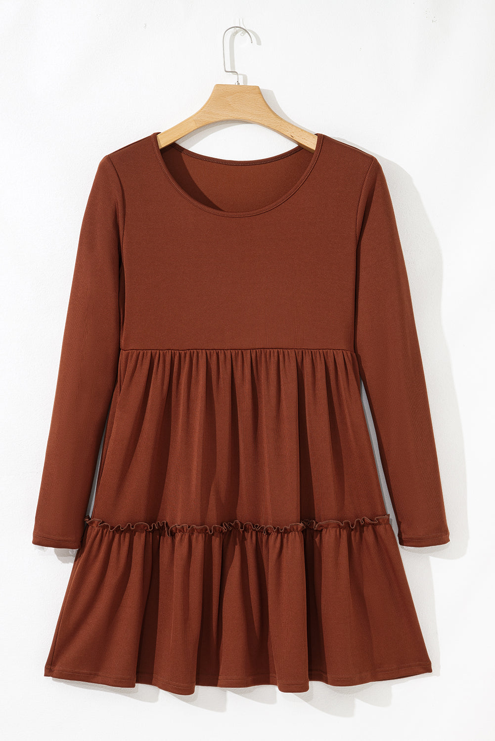 Straw Yellow Ribbed Frilled Trim High Waist Long Sleeve Mini Dress Mini Dresses JT's Designer Fashion