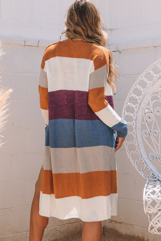 Multicolor Colorblock Open Front Long Knit Cardigan Sweaters & Cardigans JT's Designer Fashion