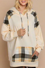 Khaki Plaid Patchwork Kangaroo Pocket Oversized Hoodie Sweatshirts & Hoodies JT's Designer Fashion