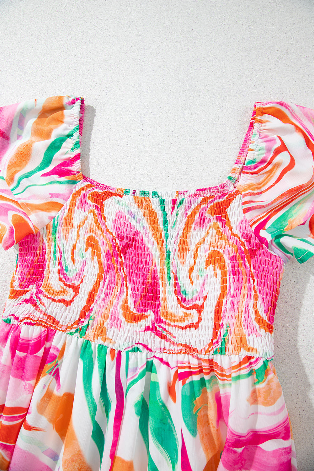 Pink Abstract Print Ruffled Sleeve Smocked Bust Long Dress Maxi Dresses JT's Designer Fashion