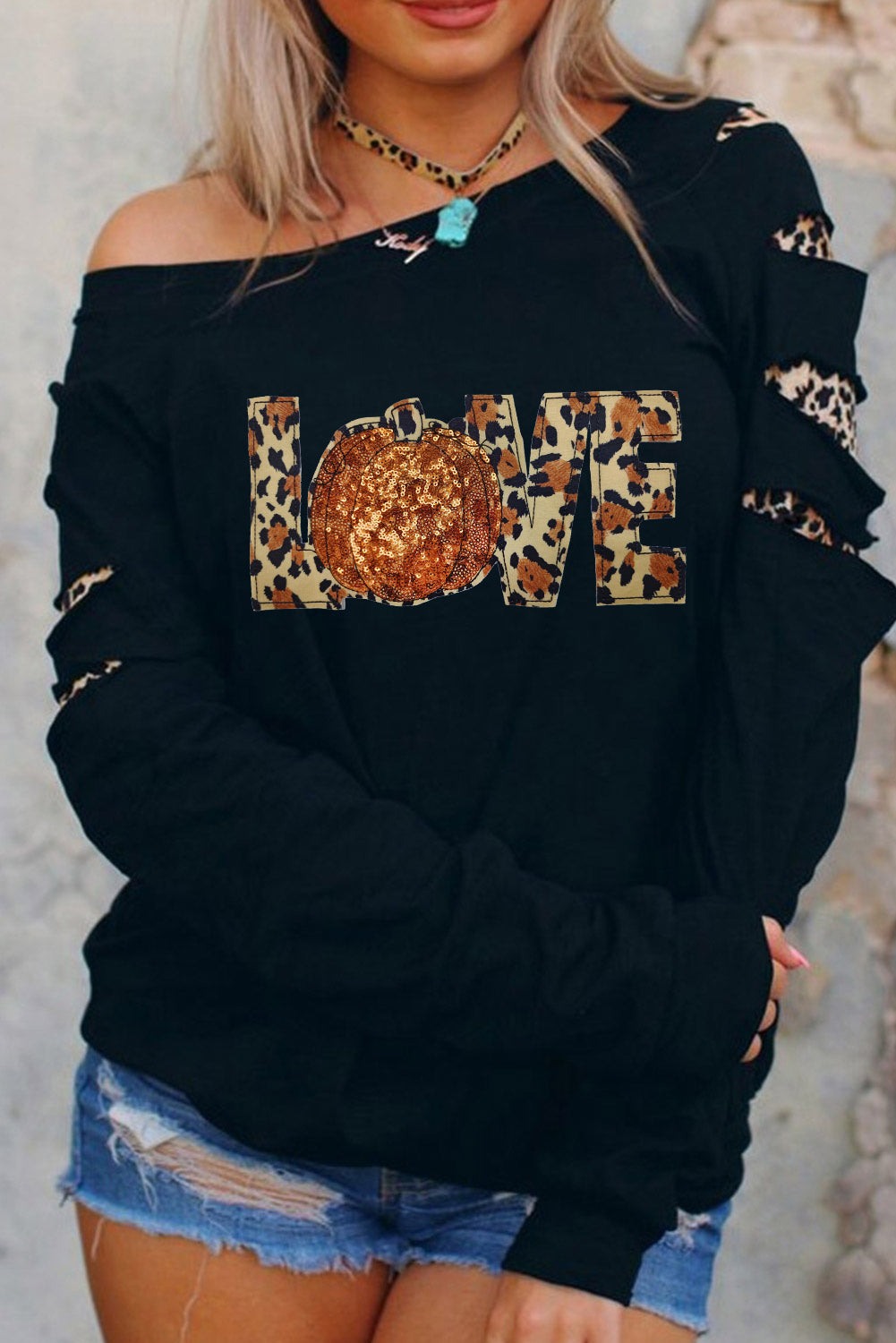 Black LOVE Sequin Pumpkin Leopard Print Cut Out Sleeve Sweatshirt Black 95%Polyester+5%Spandex Graphic Sweatshirts JT's Designer Fashion
