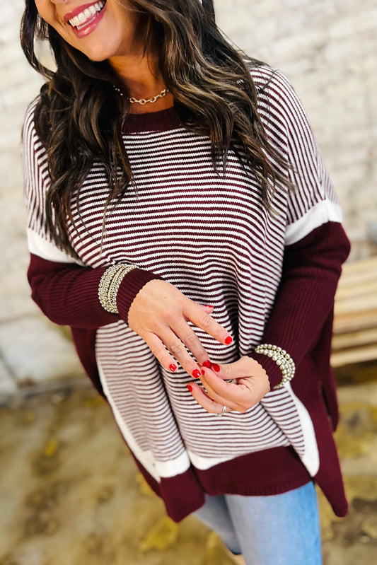 Red Stripe Color Block Patchwork Dolman Oversize Tunic Sweater Red Stripe 52%Viscose+26%Polyester+22%Polyamide Sweaters JT's Designer Fashion