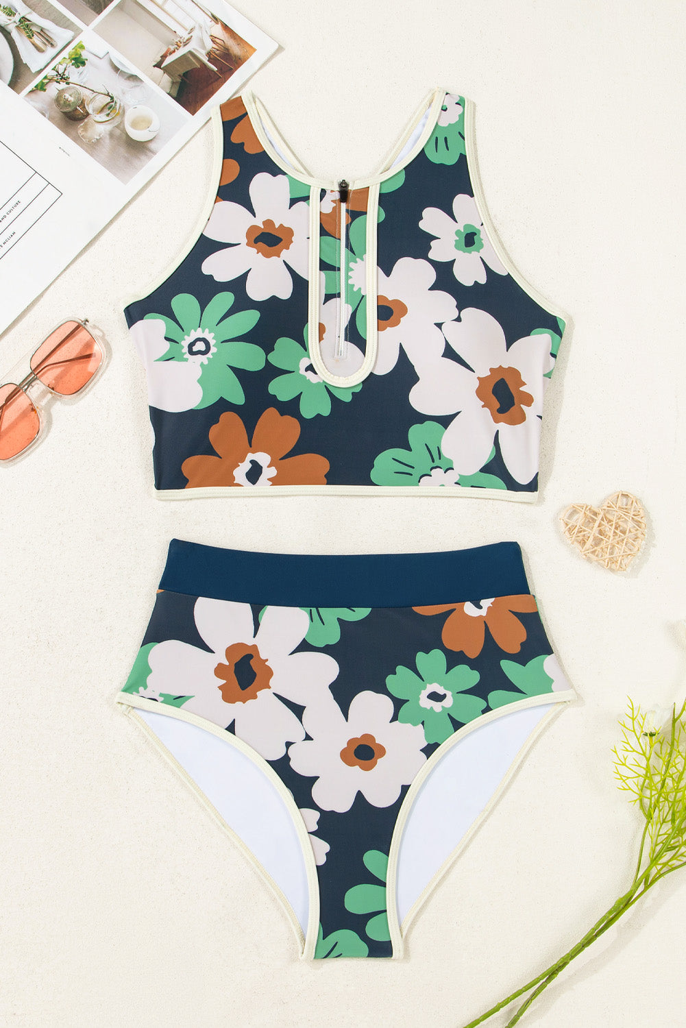 Blue Flower Zip up Racerback High Waisted Bikini Bikinis JT's Designer Fashion