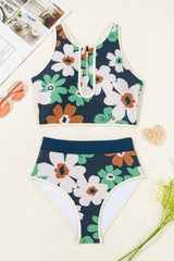 Blue Flower Zip up Racerback High Waisted Bikini Bikinis JT's Designer Fashion