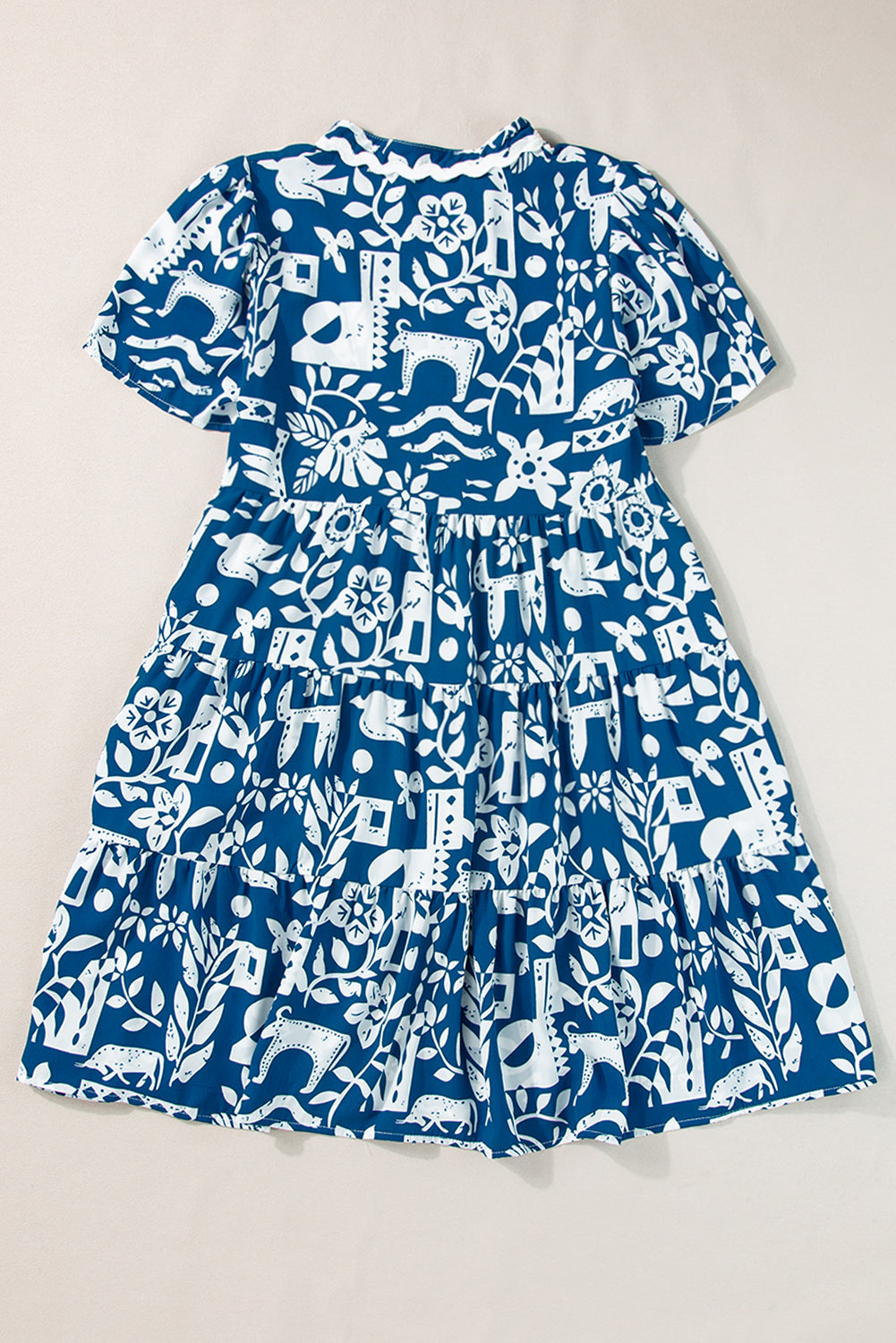 Blue Ricrac Trim Split Neck Floral Loose Dress Floral Dresses JT's Designer Fashion