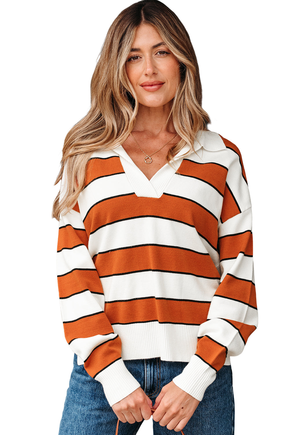 Brown Stripe Ribbed Polo Collar Drop Shoulder Sweater Sweaters JT's Designer Fashion