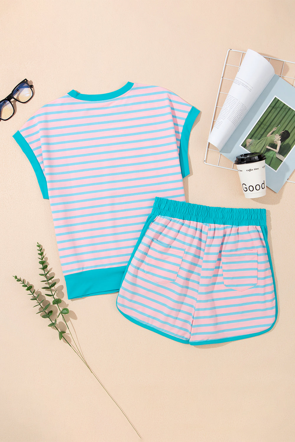 Pink Stripe Color Block Loose Fit Two Piece Shorts Set Short Sets JT's Designer Fashion