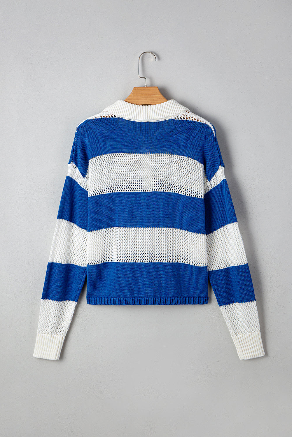 Blue Stripe Colorblock Polo Collar Eyelet Crochet Knitted Sweater Sweaters JT's Designer Fashion