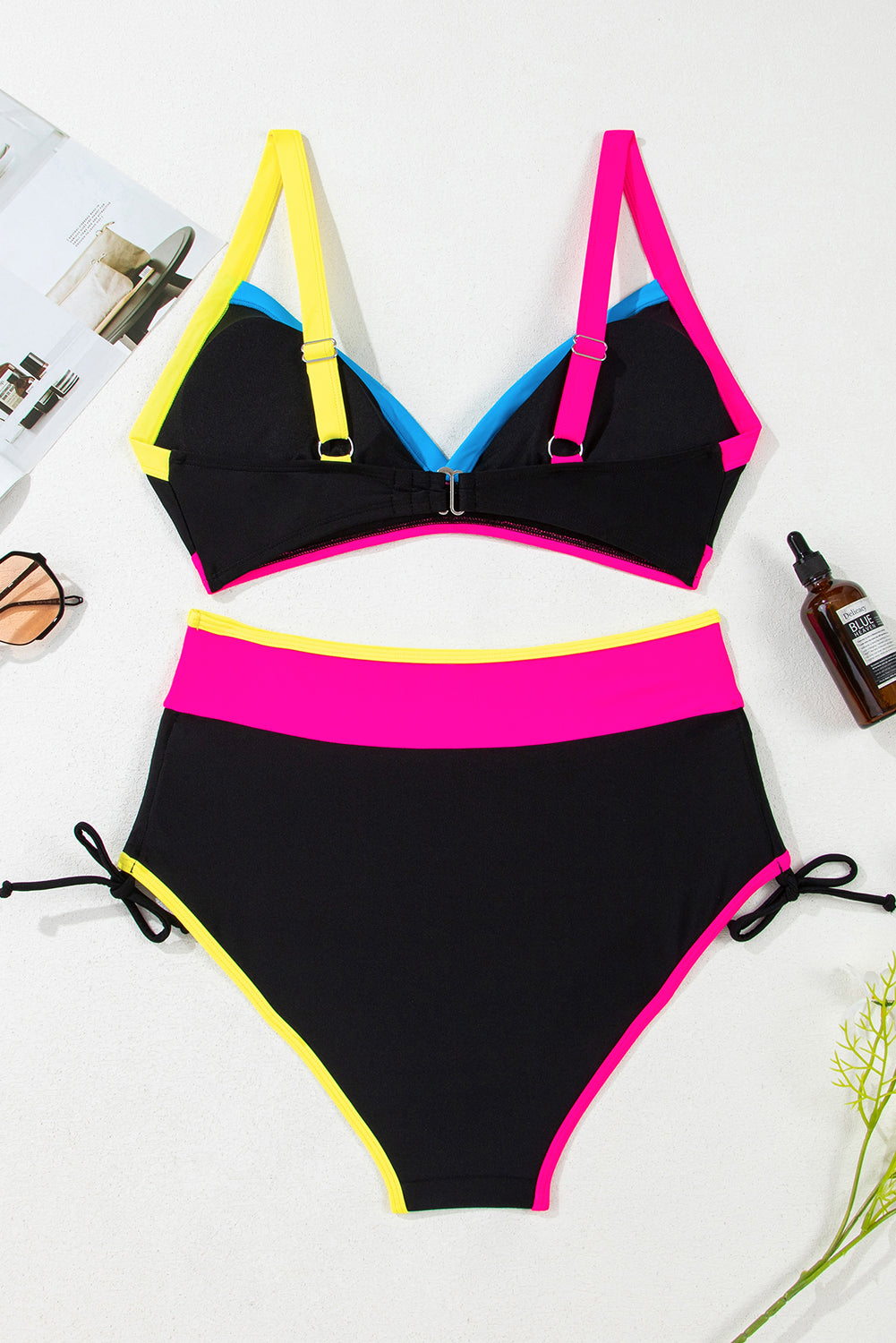 Black Color Block Drawstring Side V Neck High Waist Bikini Set Bikinis JT's Designer Fashion