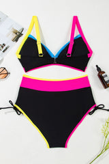 Black Color Block Drawstring Side V Neck High Waist Bikini Set Bikinis JT's Designer Fashion
