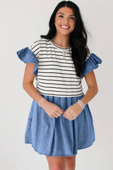 Black Stripe Ruffle Denim Patchwork Round Neck Mini Dress Mini Dresses JT's Designer Fashion
