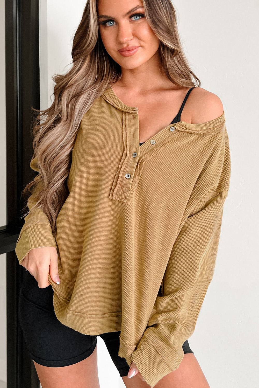 Camel Textured Knit Half Button Drop Shoulder Oversized Top Long Sleeve Tops JT's Designer Fashion