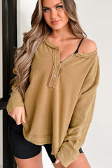 Camel Textured Knit Half Button Drop Shoulder Oversized Top Long Sleeve Tops JT's Designer Fashion