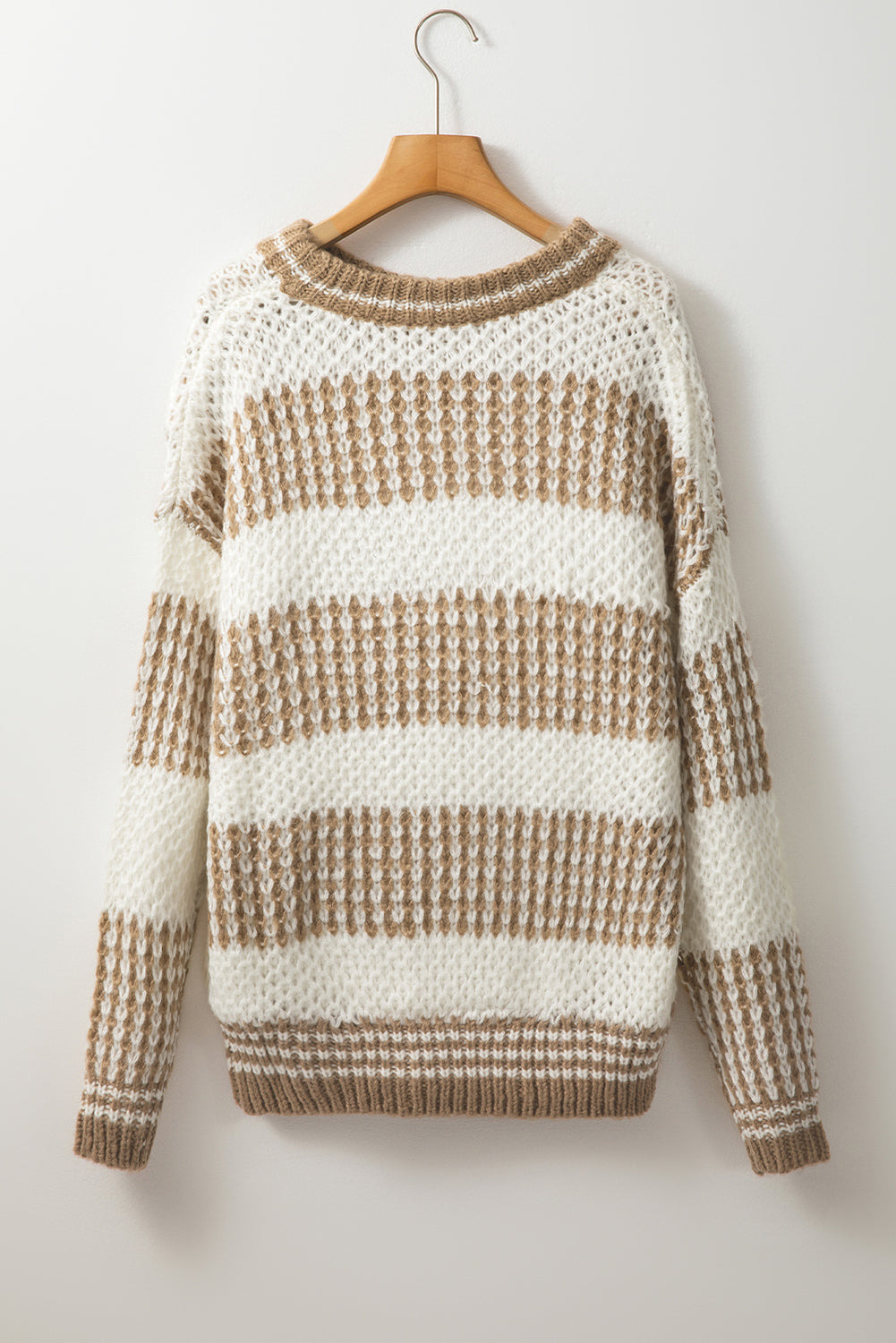 Brown Stripe Drop Shoulder Round Neck Loose Sweater Sweaters JT's Designer Fashion