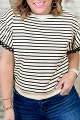 Black Stripe Eyelet Trimmed Ruffled Short Sleeve Plus Size Top Plus Size Tops & Tees JT's Designer Fashion