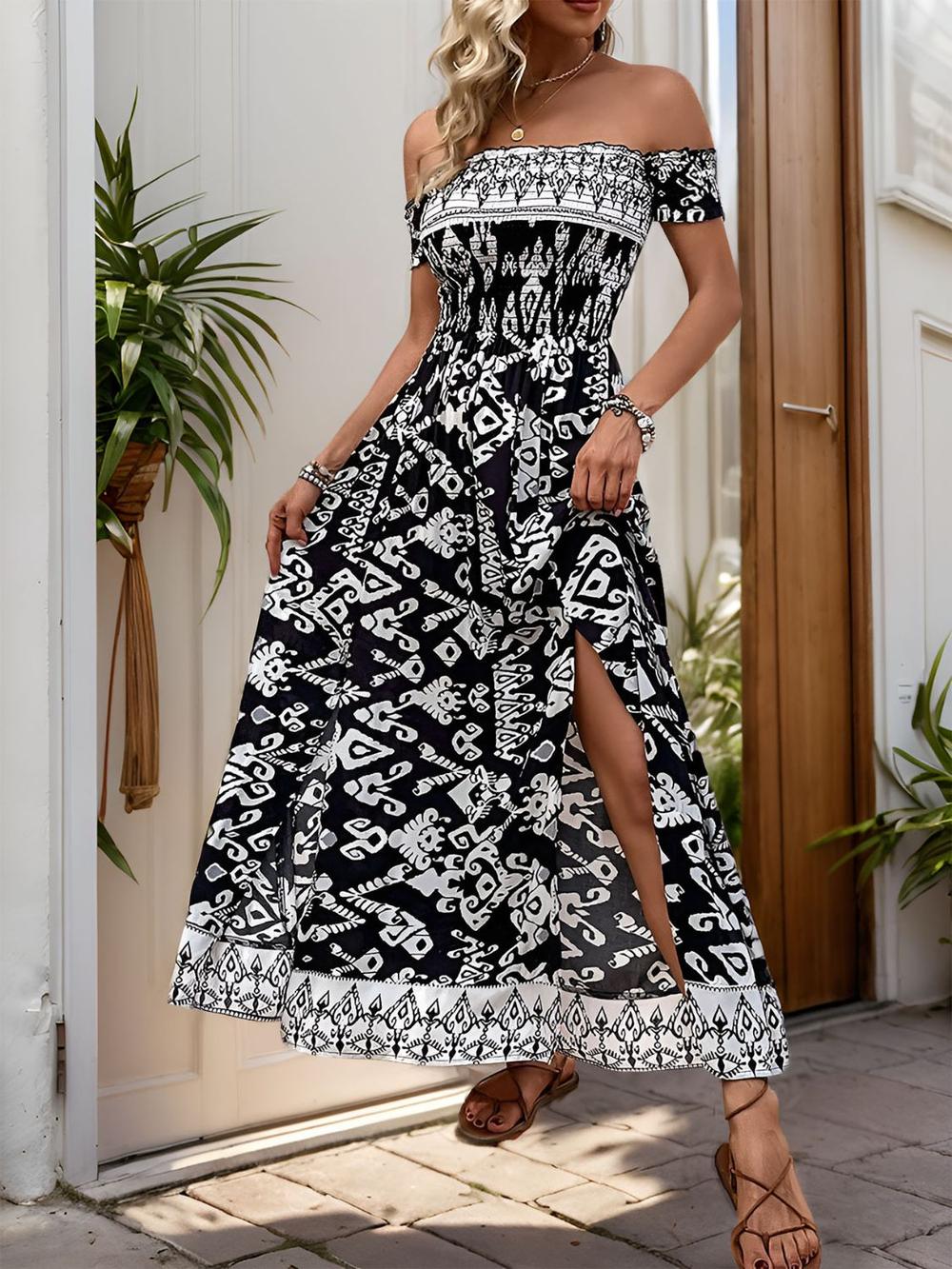 Slit Printed Off-Shoulder Dress Black JT's Designer Fashion
