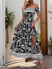 Slit Printed Off-Shoulder Dress Black JT's Designer Fashion