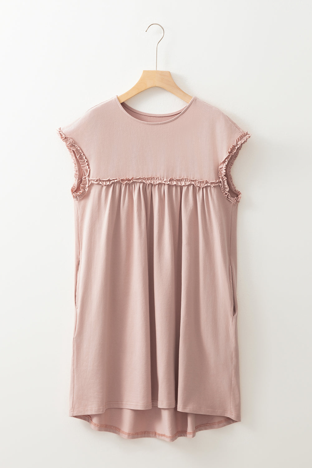 Oatmeal Frilled Trim Crew Neck Loose Fit Mini Dress Mini Dresses JT's Designer Fashion