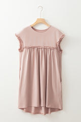 Oatmeal Frilled Trim Crew Neck Loose Fit Mini Dress Mini Dresses JT's Designer Fashion
