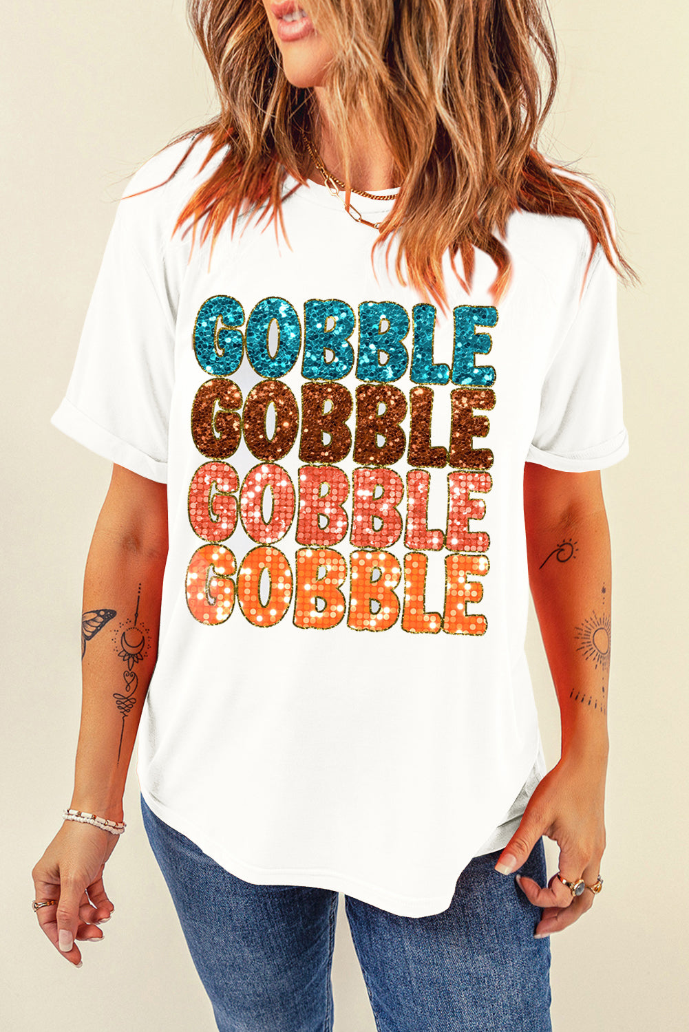 White Glittering GOBBLE Graphic Crewneck Thanksgiving T Shirt Graphic Tees JT's Designer Fashion