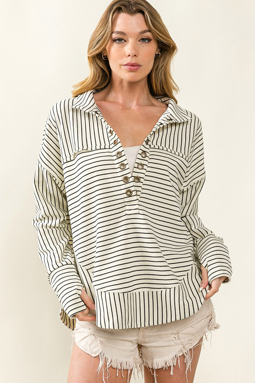 White Striped Thumbhole Drop Shoulder V Neck Top Long Sleeve Tops JT's Designer Fashion