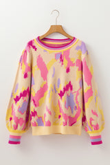 Khaki Abstract Print Colorblock Balloon Sleeve Sweater Sweaters JT's Designer Fashion