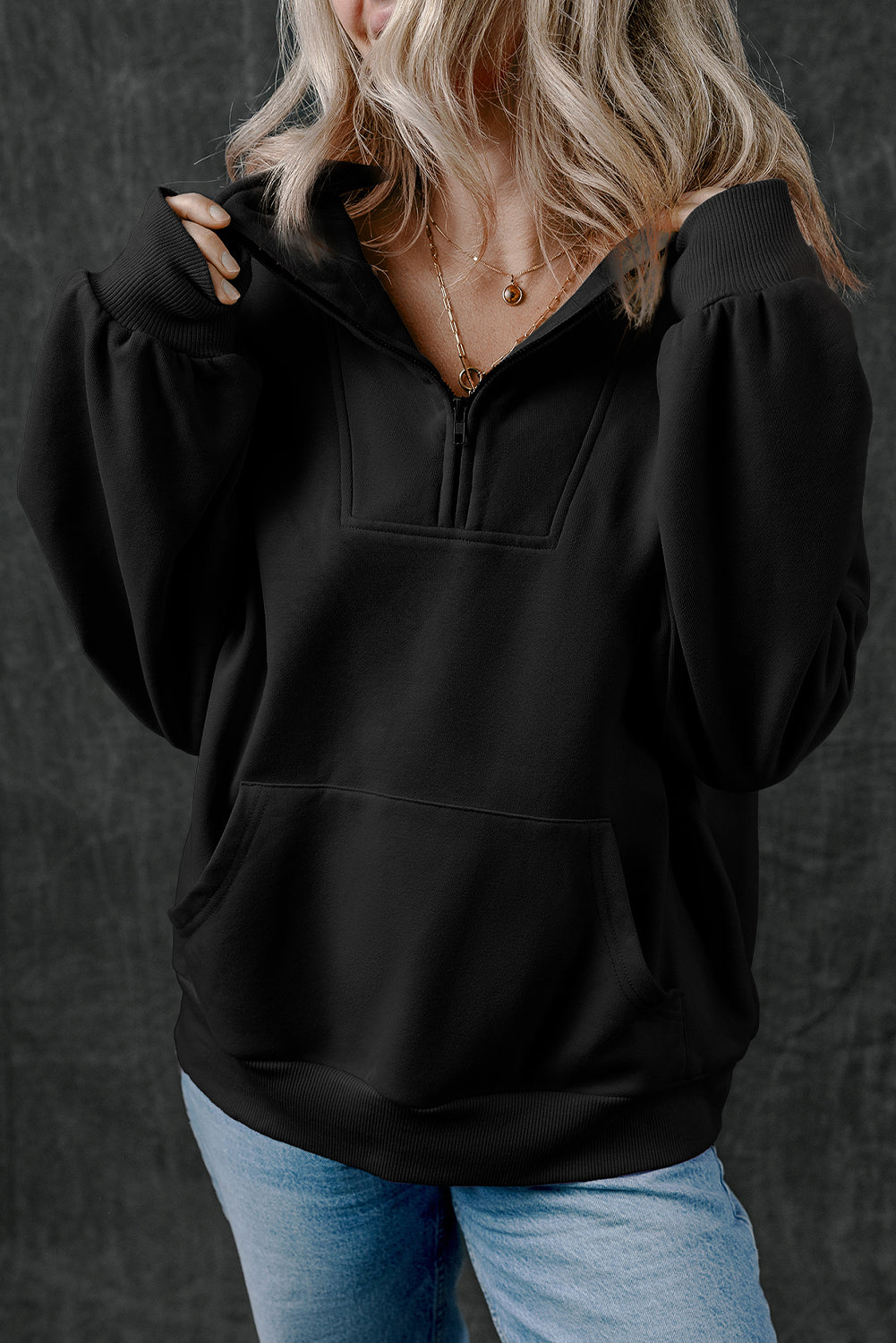 Black Zip-up Stand Neck Kangaroo Pocket Sweatshirt Sweatshirts & Hoodies JT's Designer Fashion