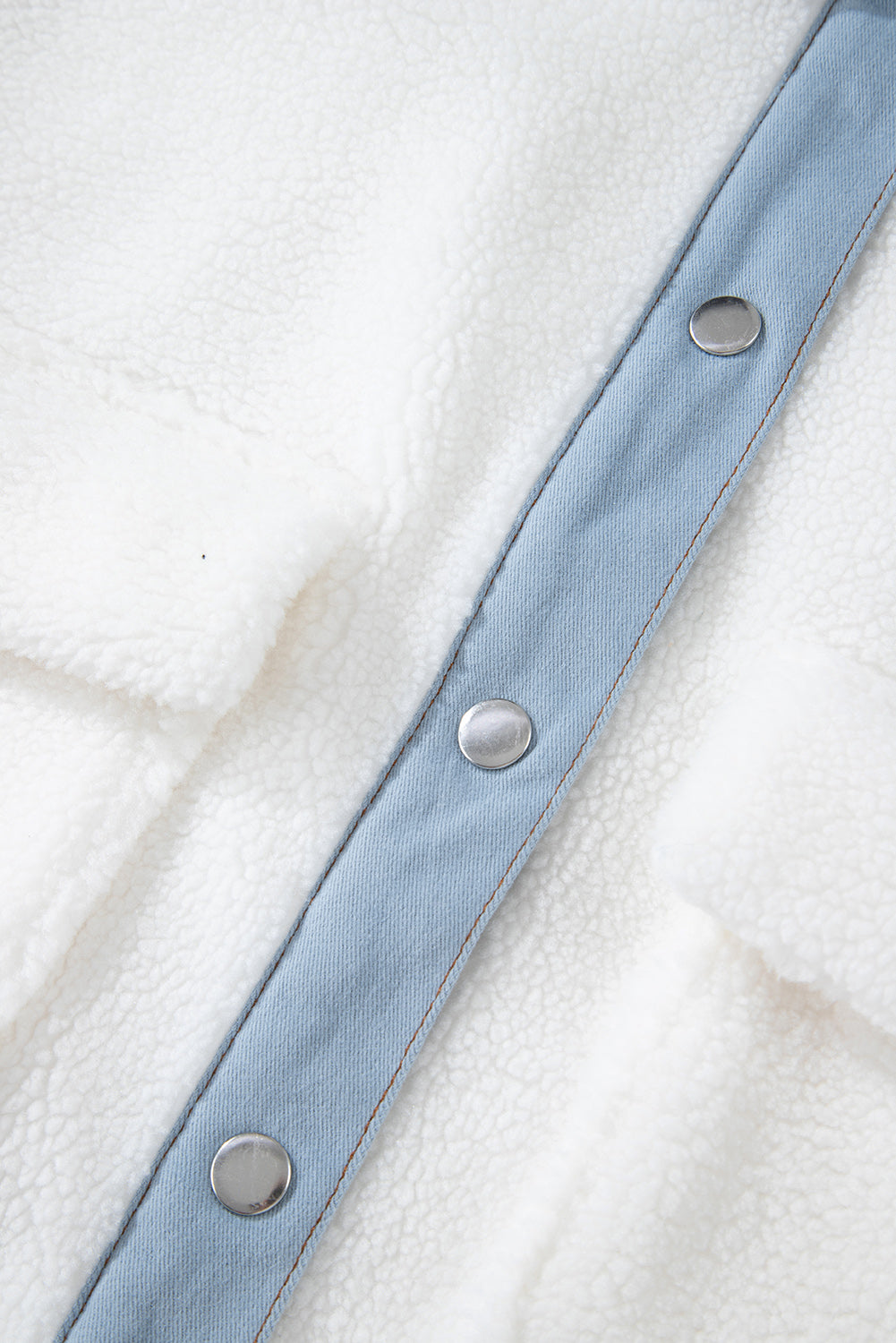 White Contrast Trim Buttoned Sherpa Jacket Jackets JT's Designer Fashion