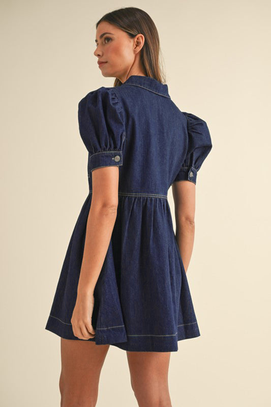 Dirty blue Zipped up Bodice Collared Short Puff Sleeve Denim Dress Mini Dresses JT's Designer Fashion
